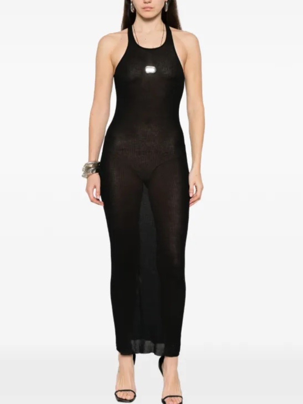 Isabel Benenato Black Wool/Angola Blend Sheer Ribbed Maxi Dress Italian 40